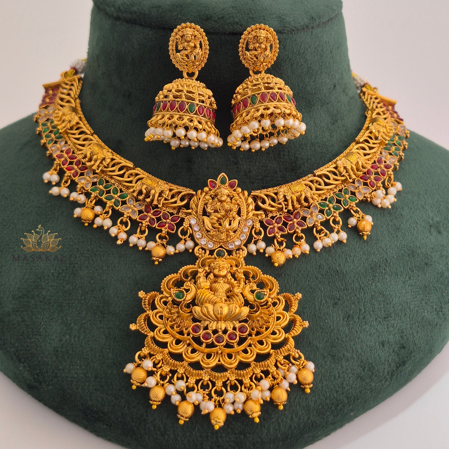 South Indian Temple Ruby-Green Stone Studded Goddess Lakshmi Necklace Set