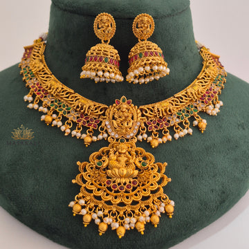 South Indian Temple Ruby-Green Stone Studded Goddess Lakshmi Necklace Set
