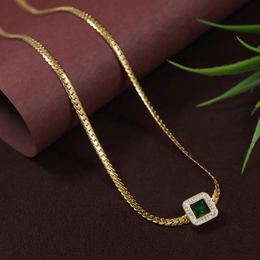 Stainless Steel Gold-Plated Chain, Green Stone Studded Pendant Chain Necklace (MTAR1072)