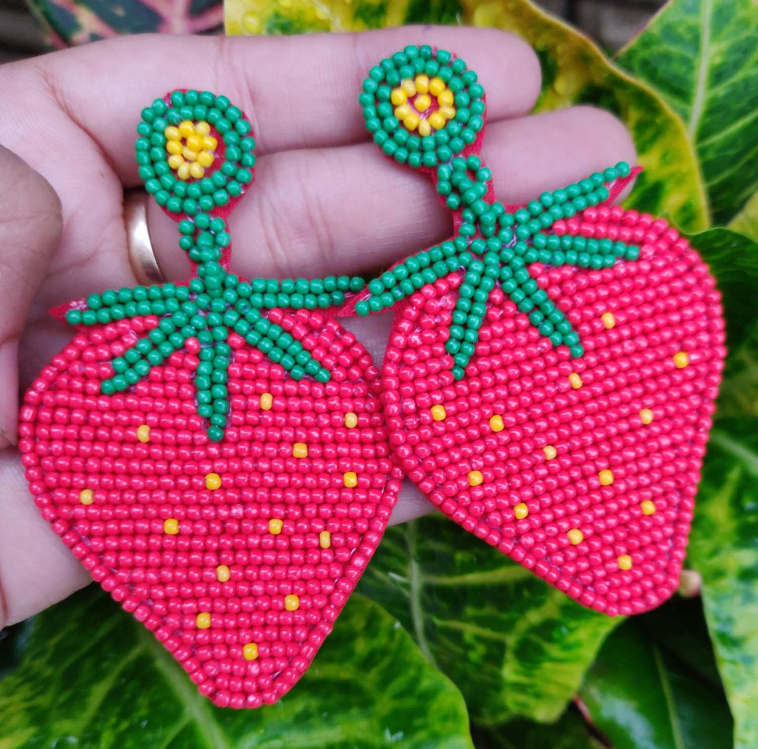 Strawberry Design Beaded Earrings, Lightweight Embroidery Work Quirky Earrings For Women (MKMH1021)