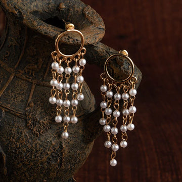 Tassels Of Pearl Earrings, Gold Plated Korean Beaded Chandelier Earrings (MTAR1057)