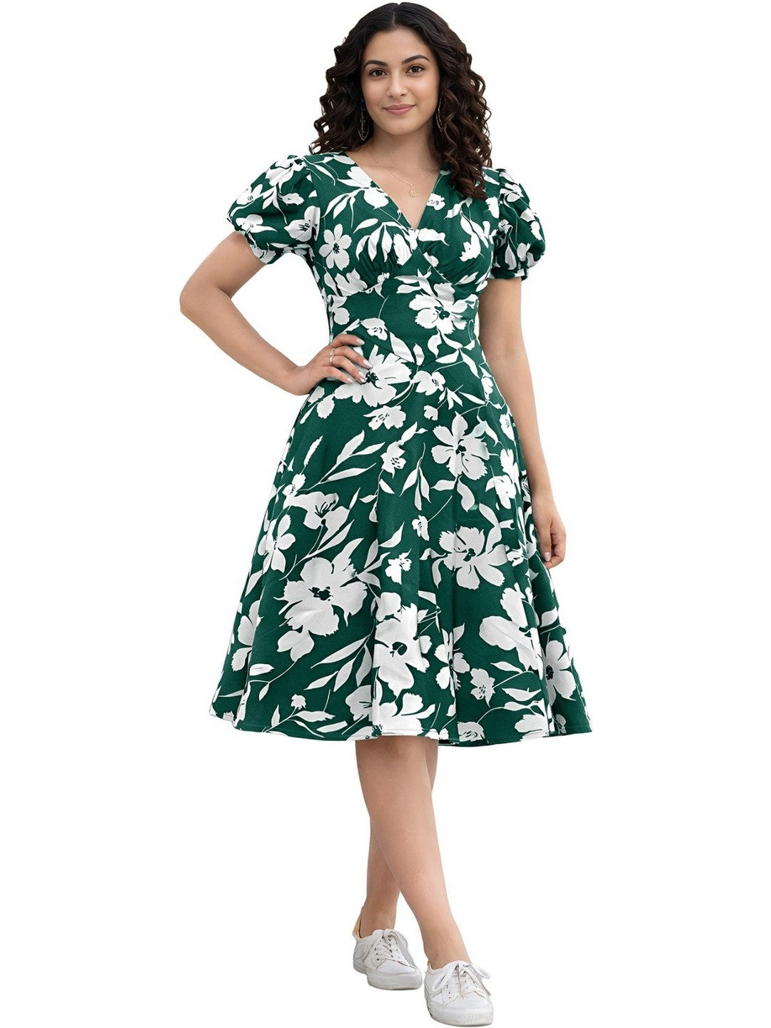 Teal Green Floral Print Puff Sleeve Fit & Flare Dress