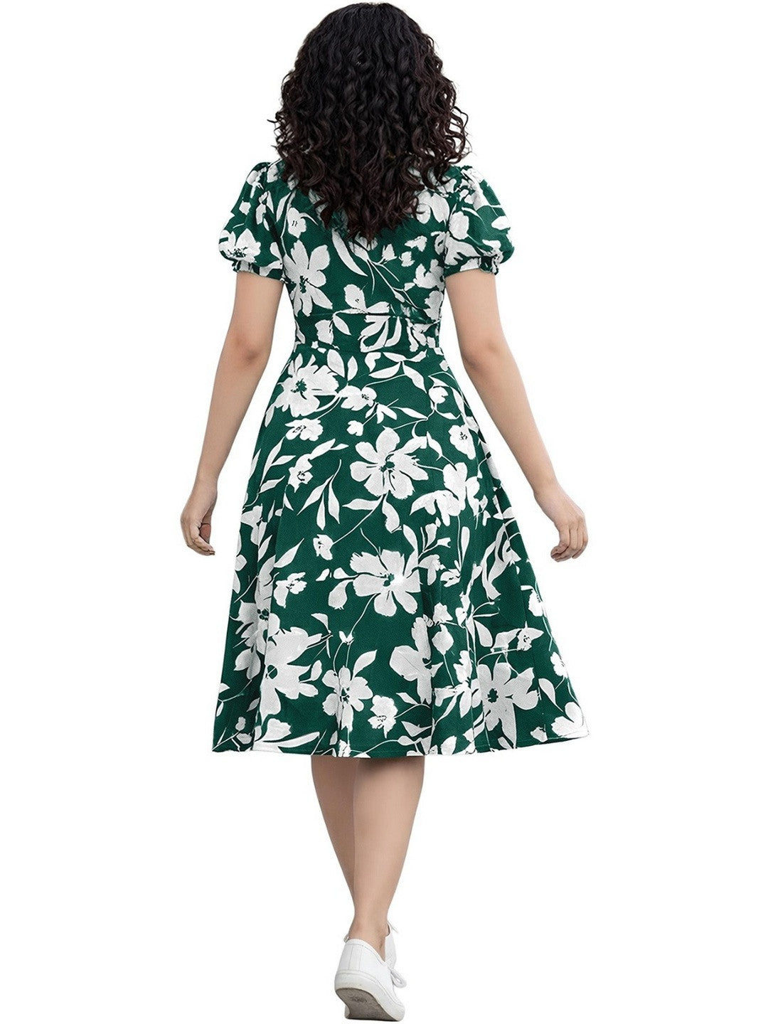 Teal Green Floral Print Puff Sleeve Fit & Flare Dress