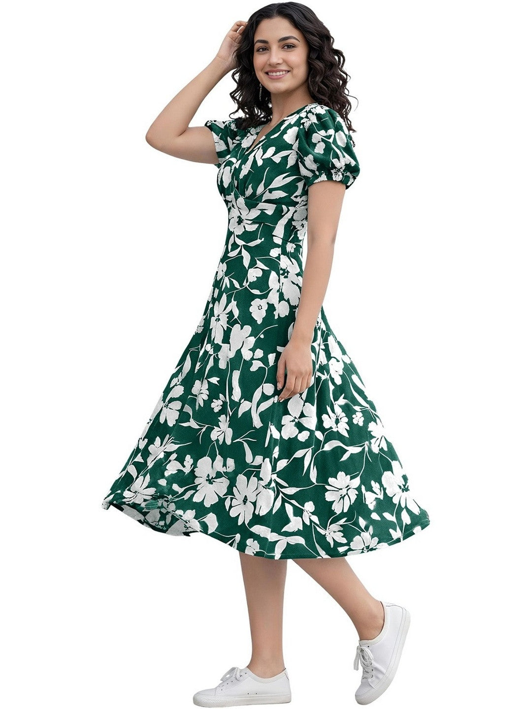 Teal Green Floral Print Puff Sleeve Fit & Flare Dress