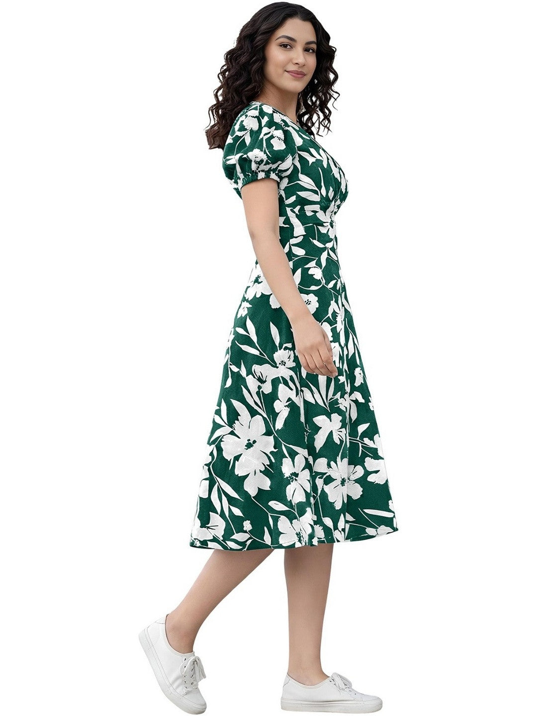 Teal Green Floral Print Puff Sleeve Fit & Flare Dress