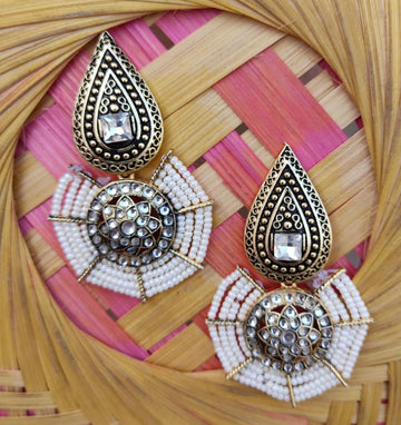 Teardrop-shaped Pearl & Stone Studded Earrings, Gold-toned Indian Partywear Earrings For Women (MKMH1027)