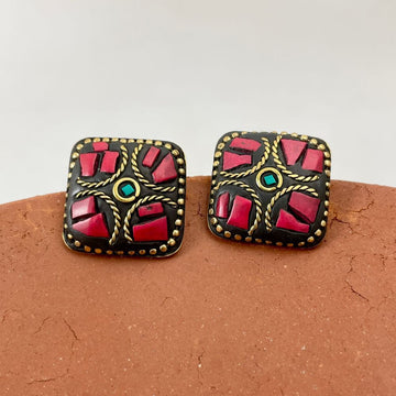 Tibetan Style Lac Work Square-Shaped Stud Earrings