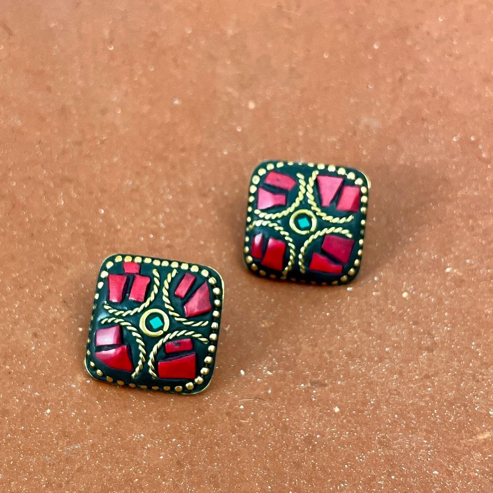 Tibetan Style Lac Work Square-Shaped Stud Earrings