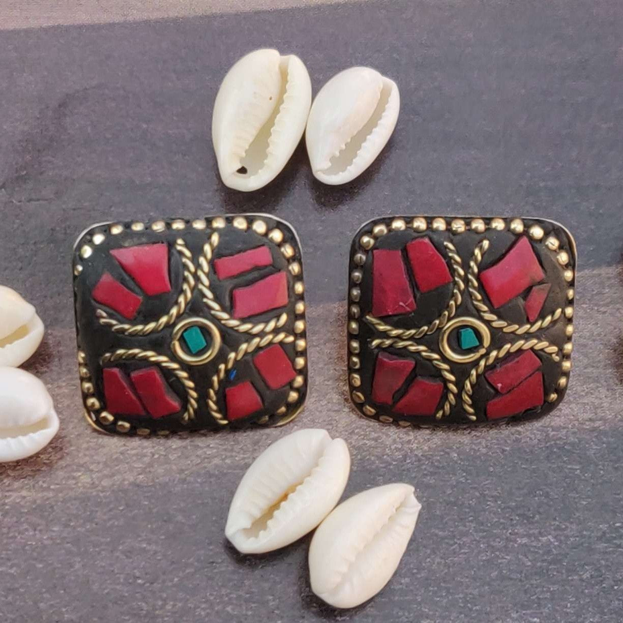 Tibetan Style Lac Work Square-Shaped Stud Earrings