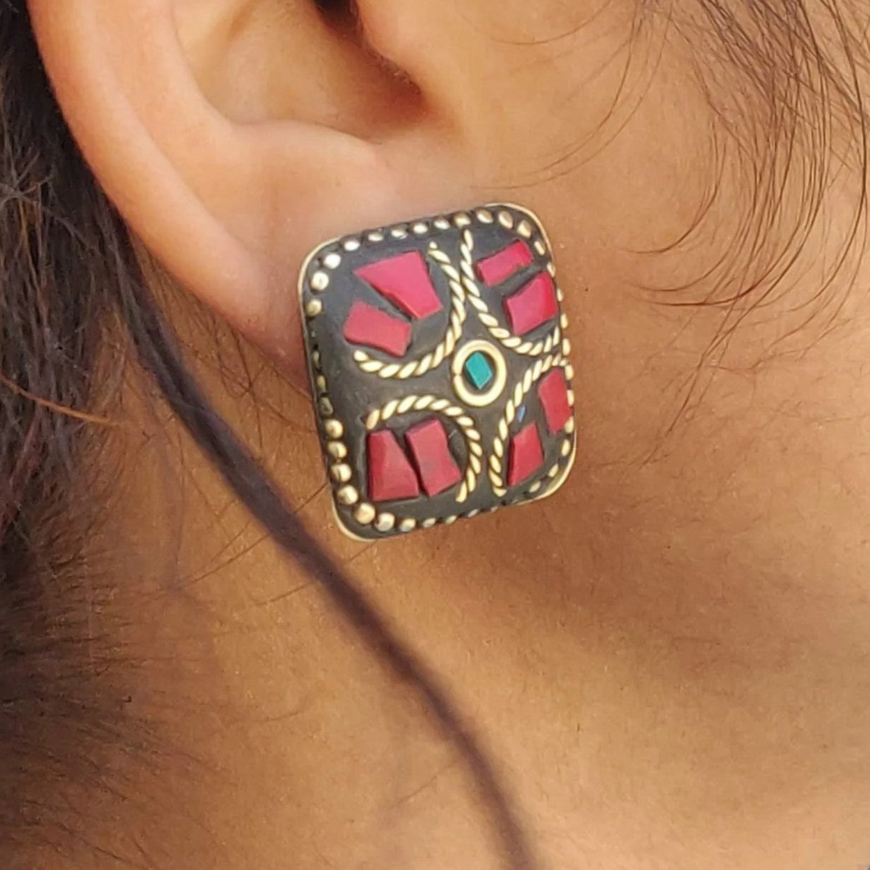 Tibetan Style Lac Work Square-Shaped Stud Earrings