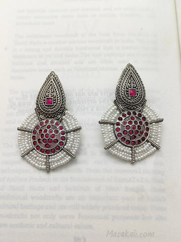 Traditional Indian Earrings, Ruby Kemp Stone, Handmade Earrings, Beaded Earrings, Pearl Earrings (MKHU1008)