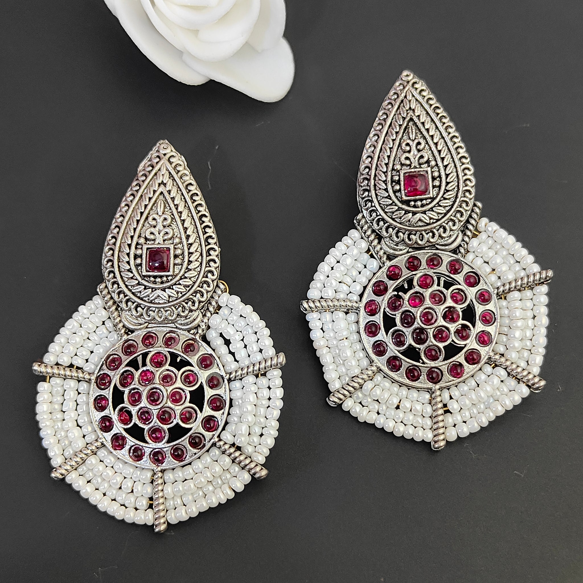 Traditional Indian Kemp Earrings, Masakali Handmade Beaded Ruby Drop Earrings