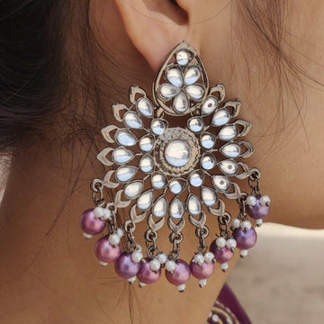 Traditional Kundan & Beaded Partywear Earrings, Purple