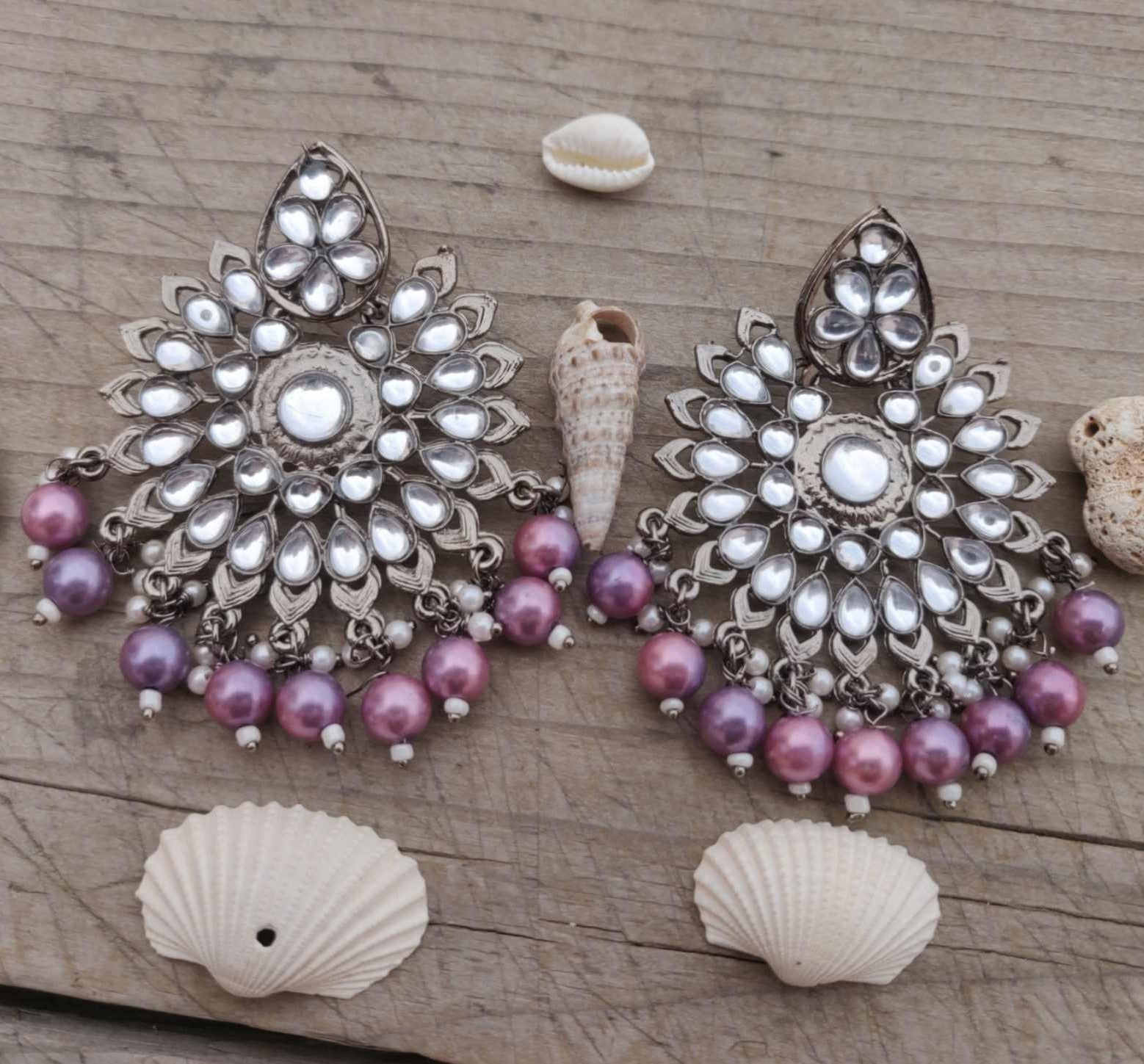 Traditional Kundan & Beaded Partywear Earrings, Purple