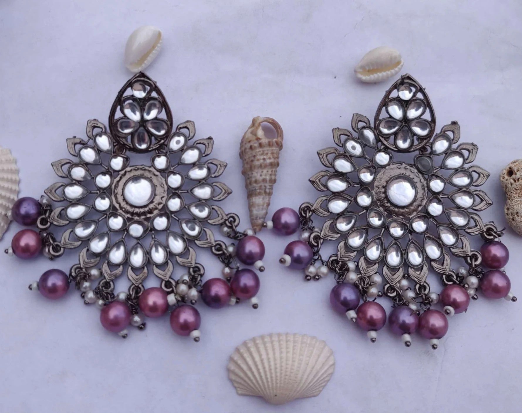 Traditional Kundan & Beaded Partywear Earrings, Purple