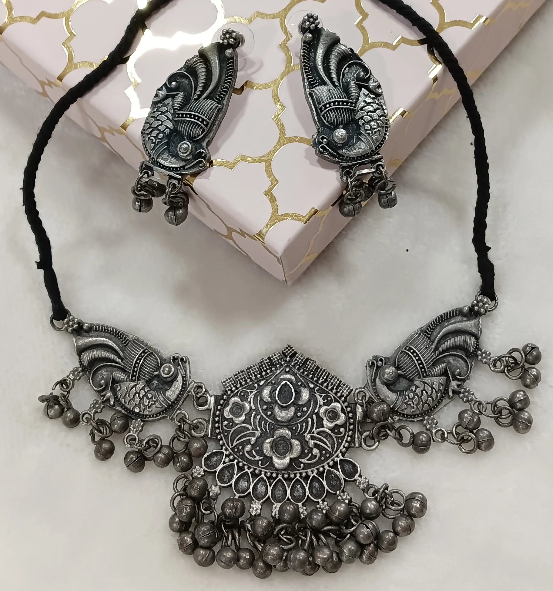 Tribal Antique Choker With Earrings, Oxidised Silver Necklace Set With Ghungroo (MTAR1023)