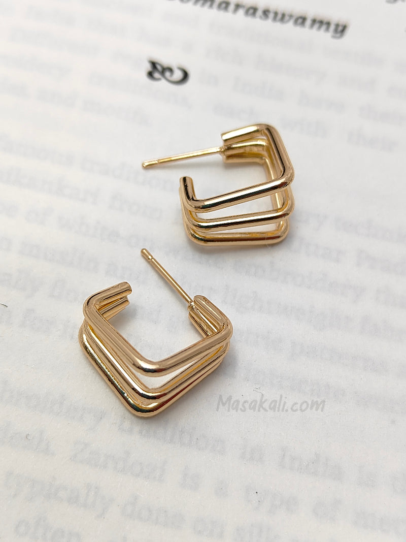 Triple Square Hoop Earrings, Gold Tone Casual Style Kpop Fashion Geometric Earrings