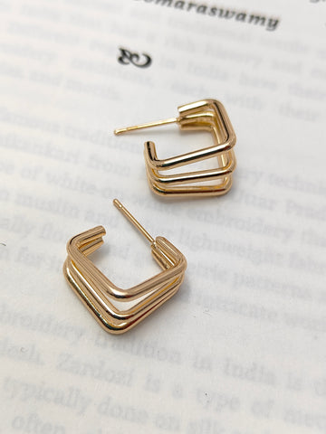 Triple Square Hoop Earrings, Gold Tone Casual Style Kpop Fashion Geometric Earrings (MTAR1025)