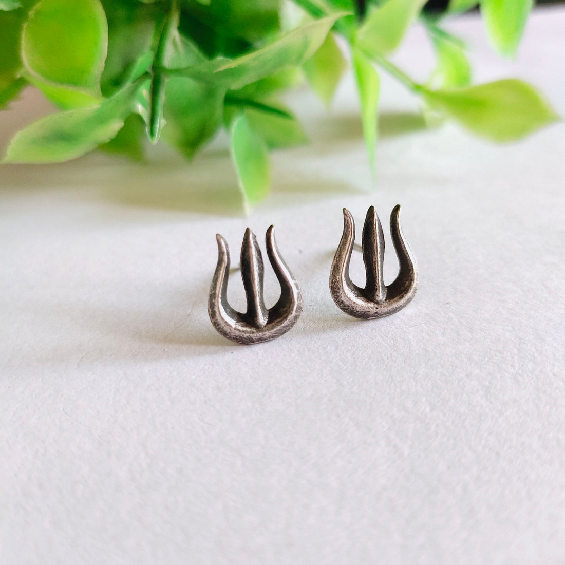 Trishula Stud Earrings, Silver Oxidised Lord Shiva's Trident Earrings