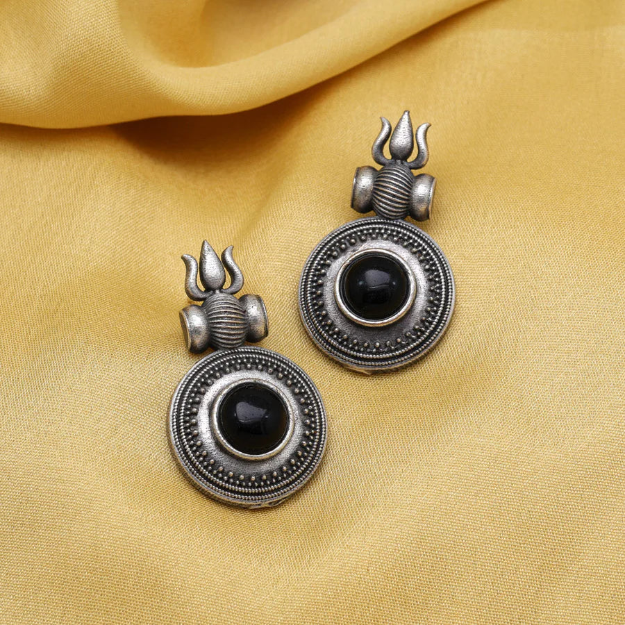 Trishula With Damru Shape Earrings, Monalisa Black Stone Studded Antique Earrings For Women