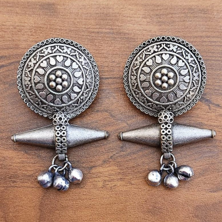 Vintage Silver Lookalike Earrings, Brass Oxidized Ghungroo Earrings For Women (MKMH1007)