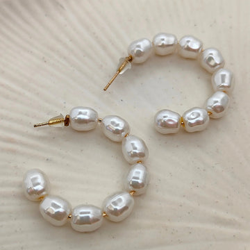White Baroque Pearl Korean C-Shaped Hoop Earrings