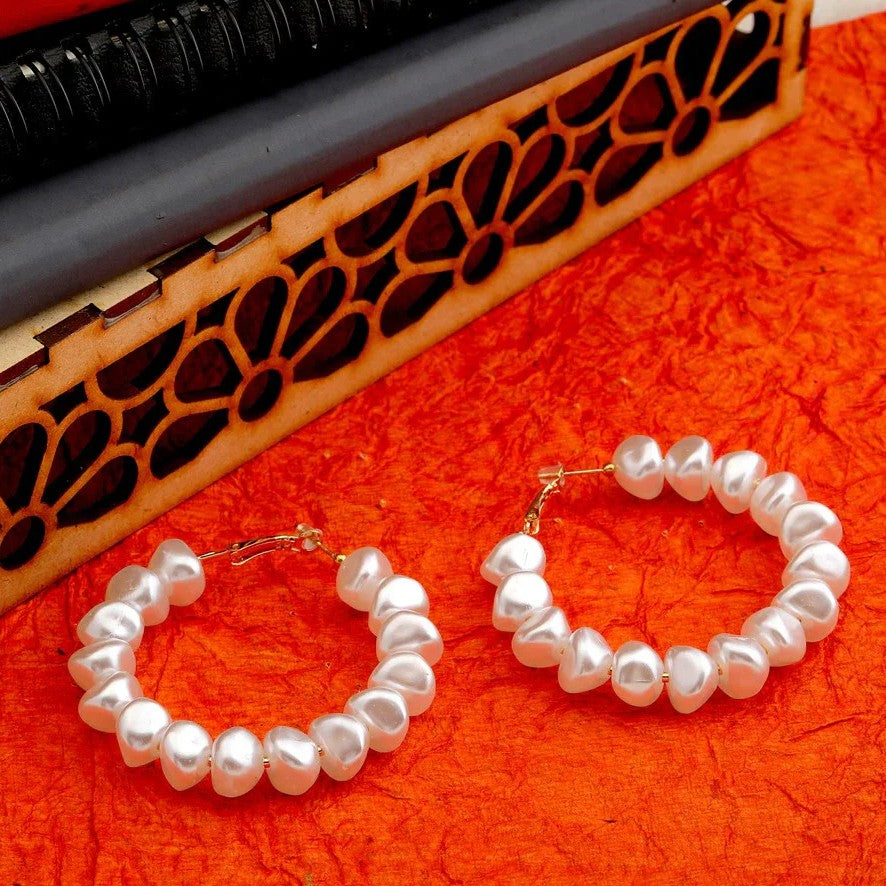 White Baroque Pearl Studded Korean Hoop Earrings