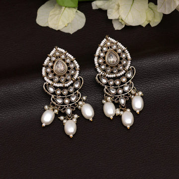 White Pearl Beaded Kundan Studded Dangler Earrings