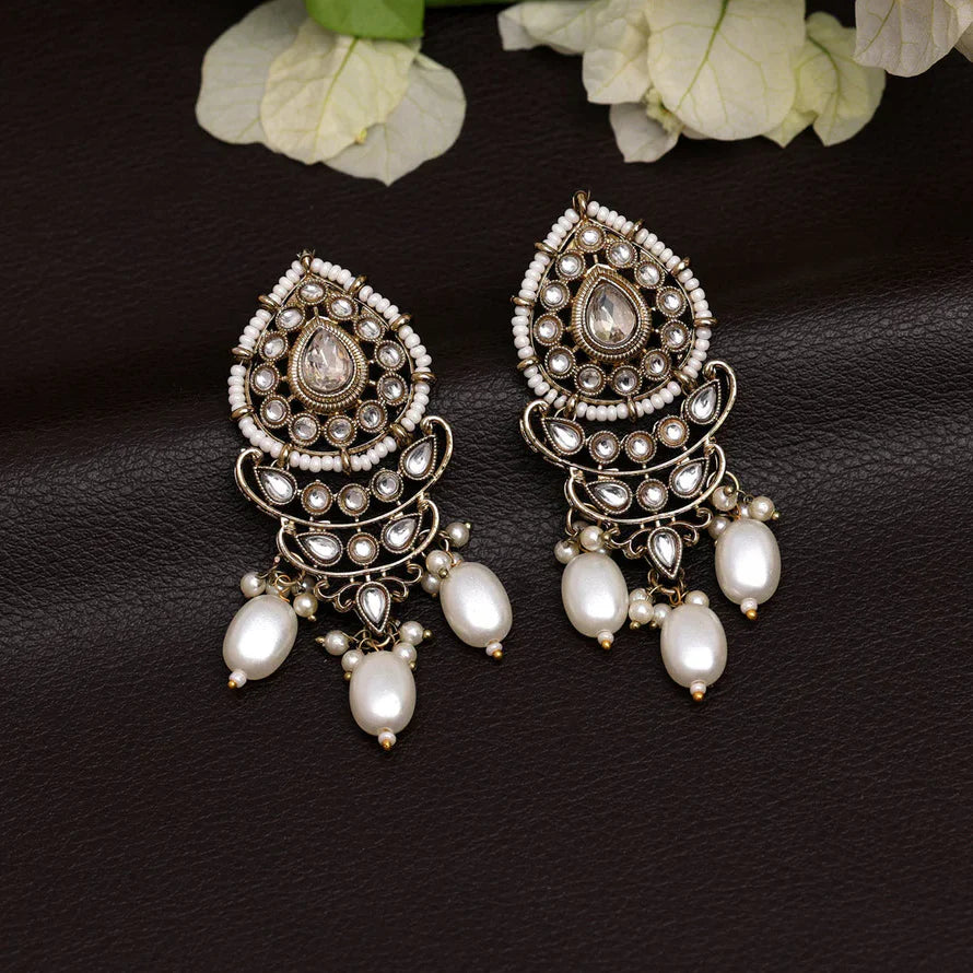 White Pearl Beaded Kundan Studded Dangler Earrings