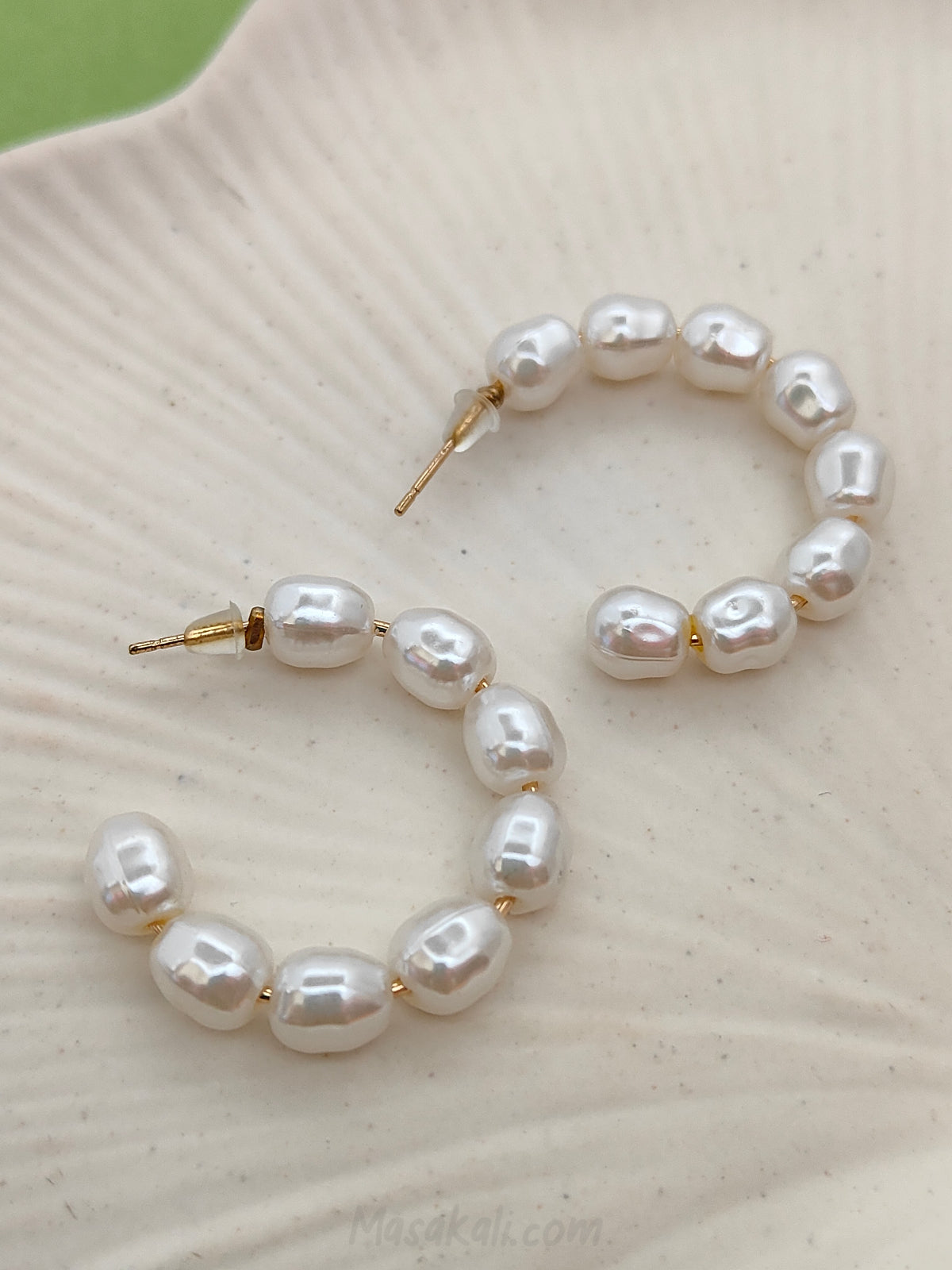 White Pearl Hoop Earrings Gold Toned Korean Style C-Shaped Earrings Daily Wear