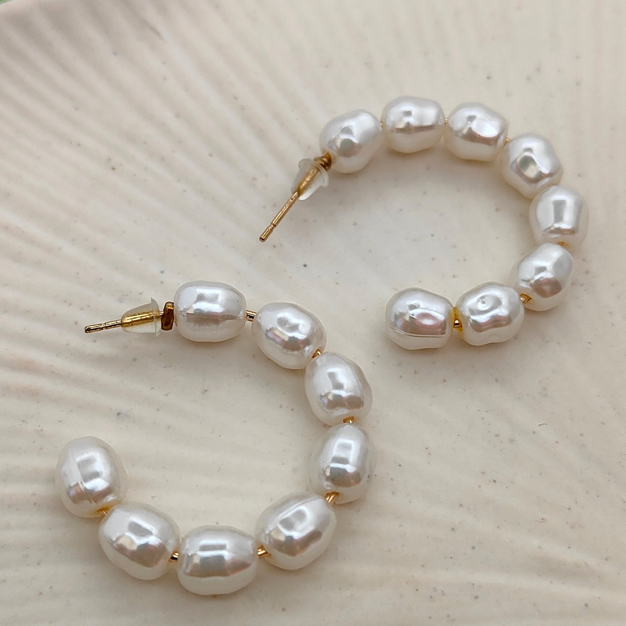 White Pearl Hoop Earrings Gold Toned Korean Style C-Shaped Earrings Daily Wear