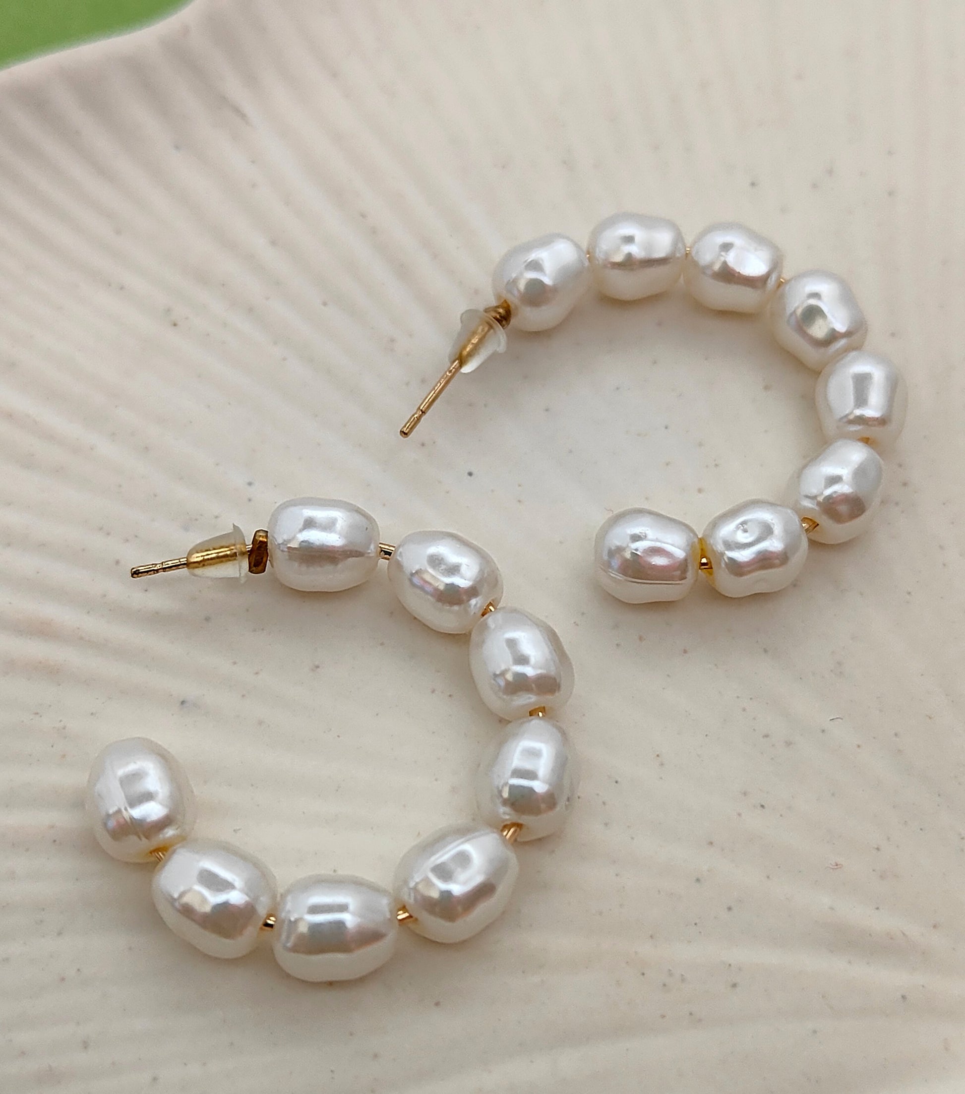 White Pearl Hoop Earrings Gold Toned Korean Style C-Shaped Earrings Daily Wear