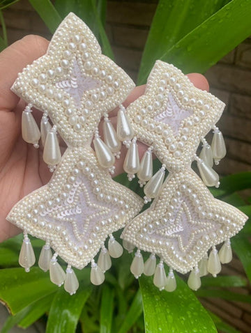 White Pearls Beaded Earrings, Handmade Sequin Embroidery Earrings (MKMH1001)