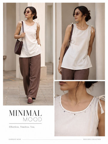 Women's Dhabu Cotton Mirrow Work Tunic Top (White)