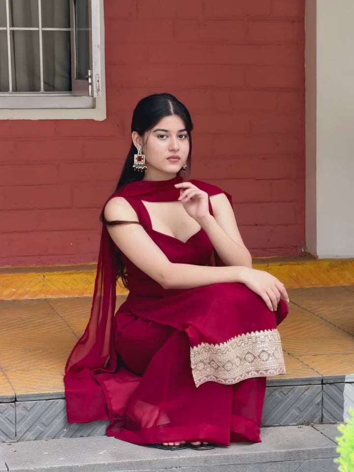Masakali Designer Embroidered Georgette Palazzo Suit Set (Maroon)